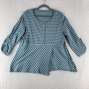 Soft Surroundings Preston Stripe Shirt Womens Roll Tab Sleeve Size Large‎